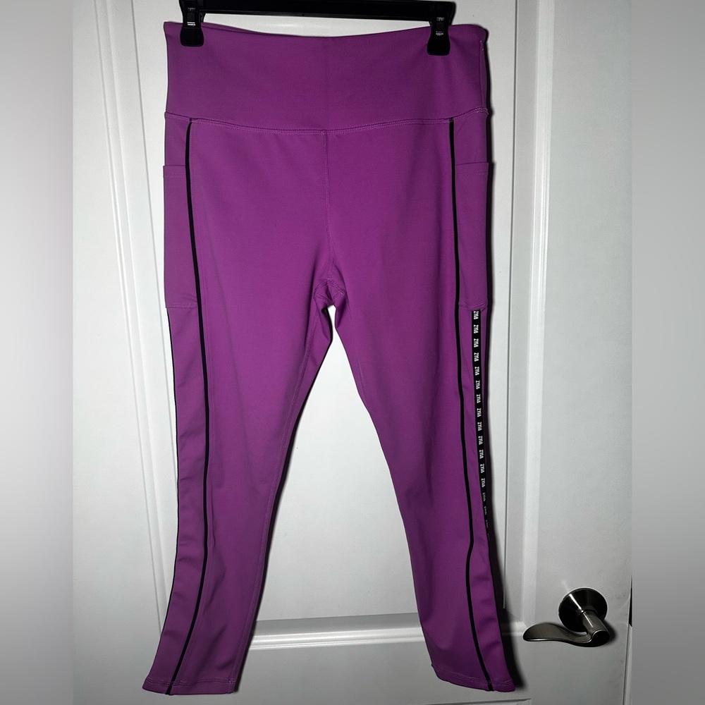 ZYIA Bright Purple Active High Rise Leggings Black Stripe Size 12 with Pockets
